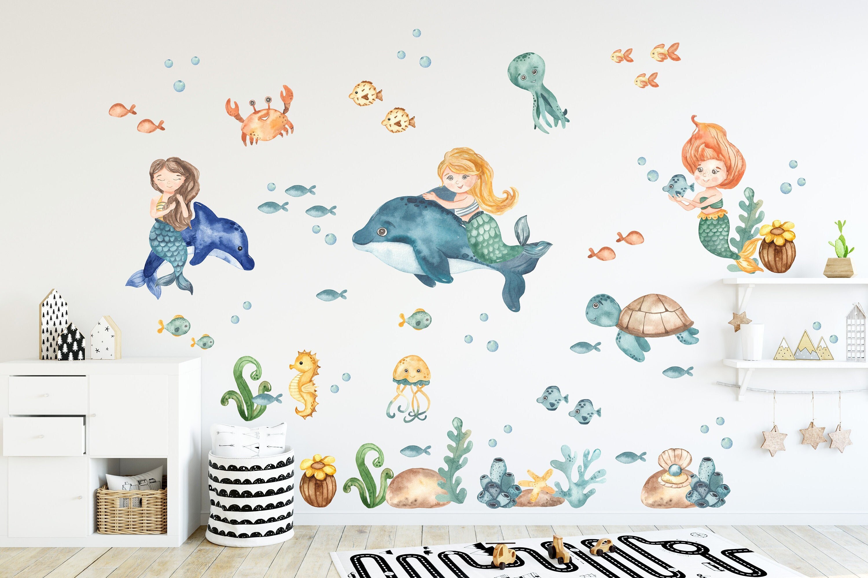 Mermaid Ocean Animals Wall Decal, Nursery Undersea Wallsticker, Sea ...