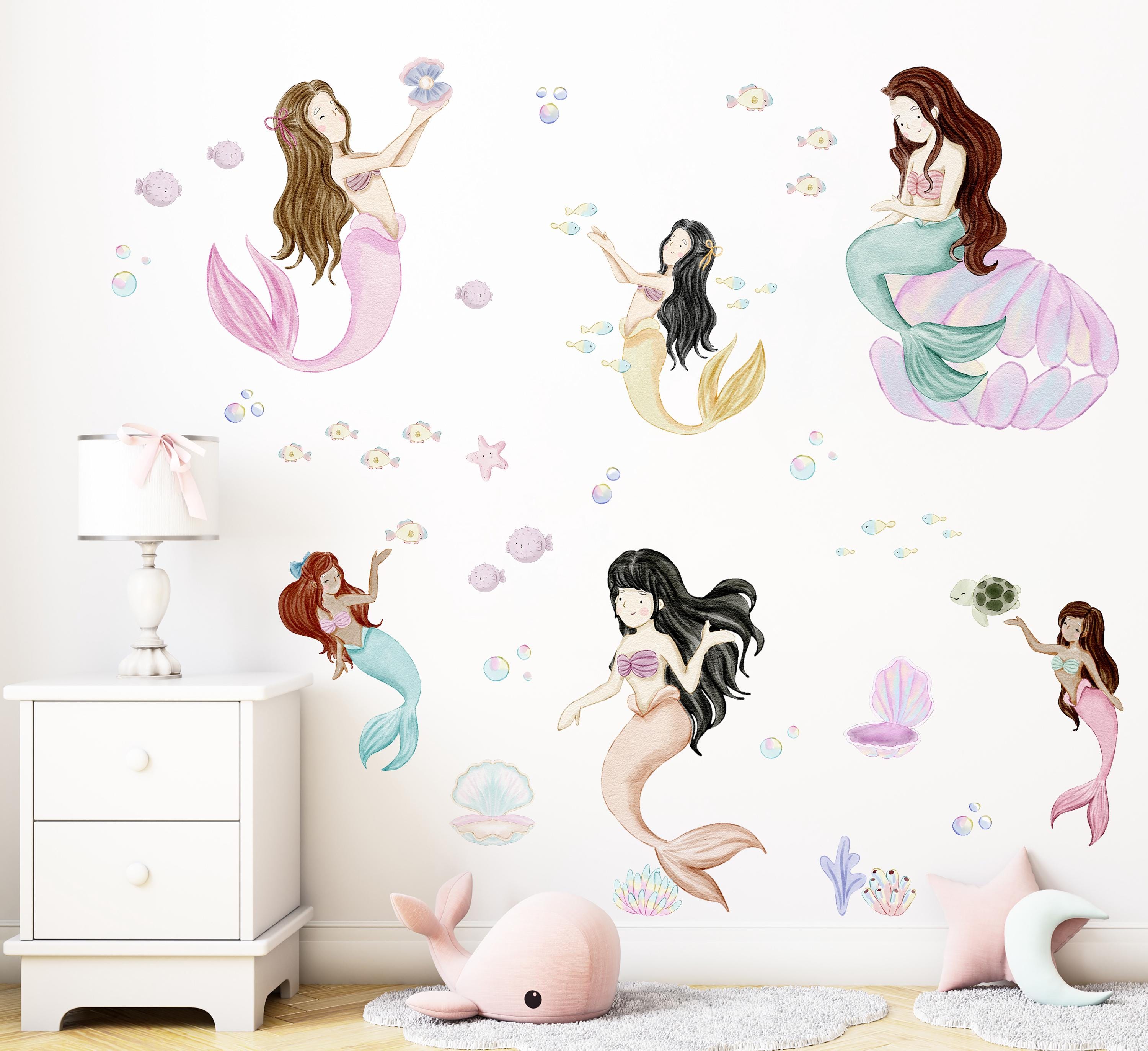 Huge Watercolor Mermaids & Ocean Animals Wall Decal Set, Mermaid Wall ...