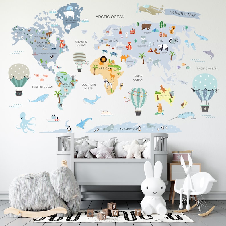 Magic World Map Decal World Map Wall Sticker Nursery Map Etsy