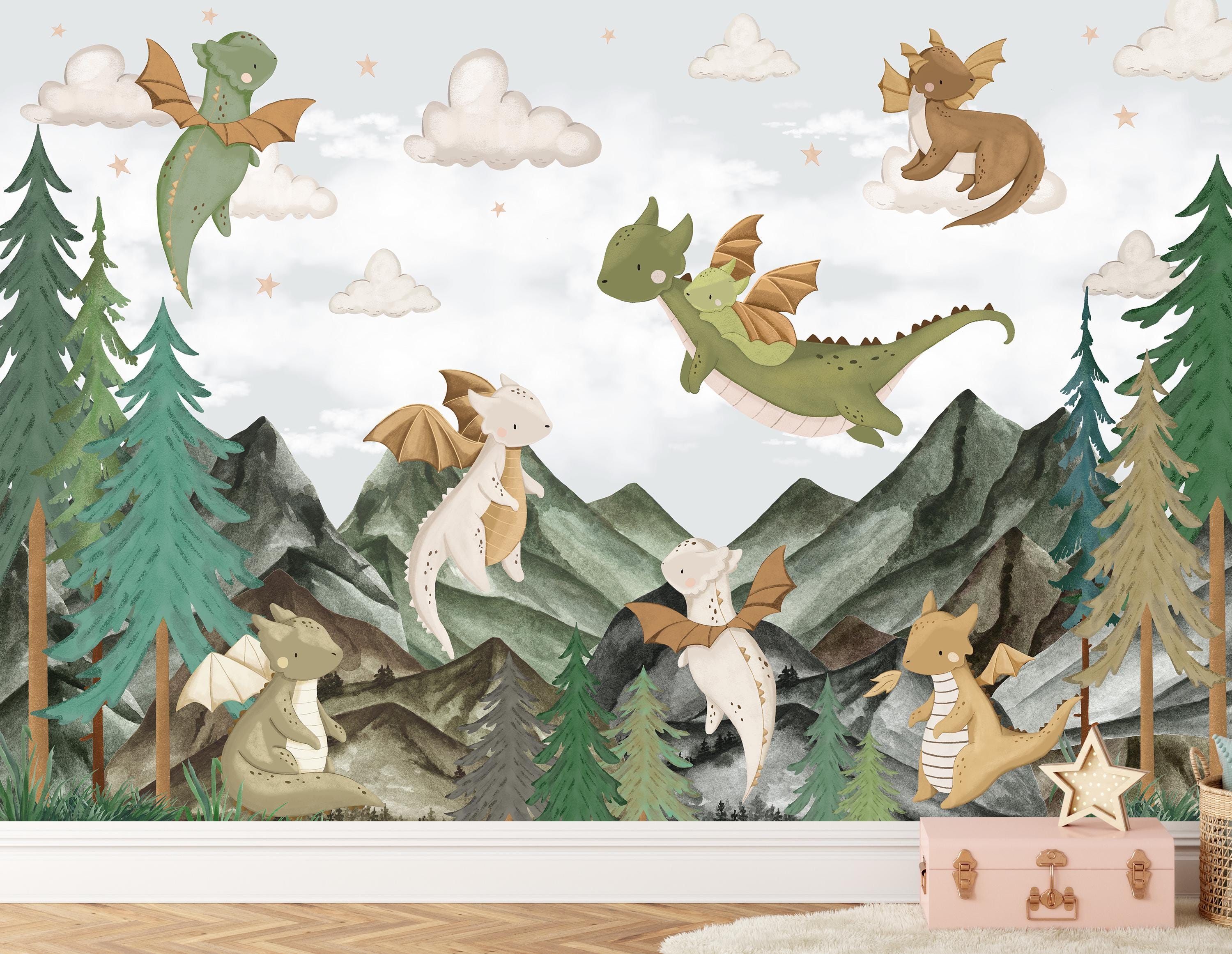 Nursery Dragon Wallpaper, Peel and Stick Dragon Wall Mural, Kids Dragon ...