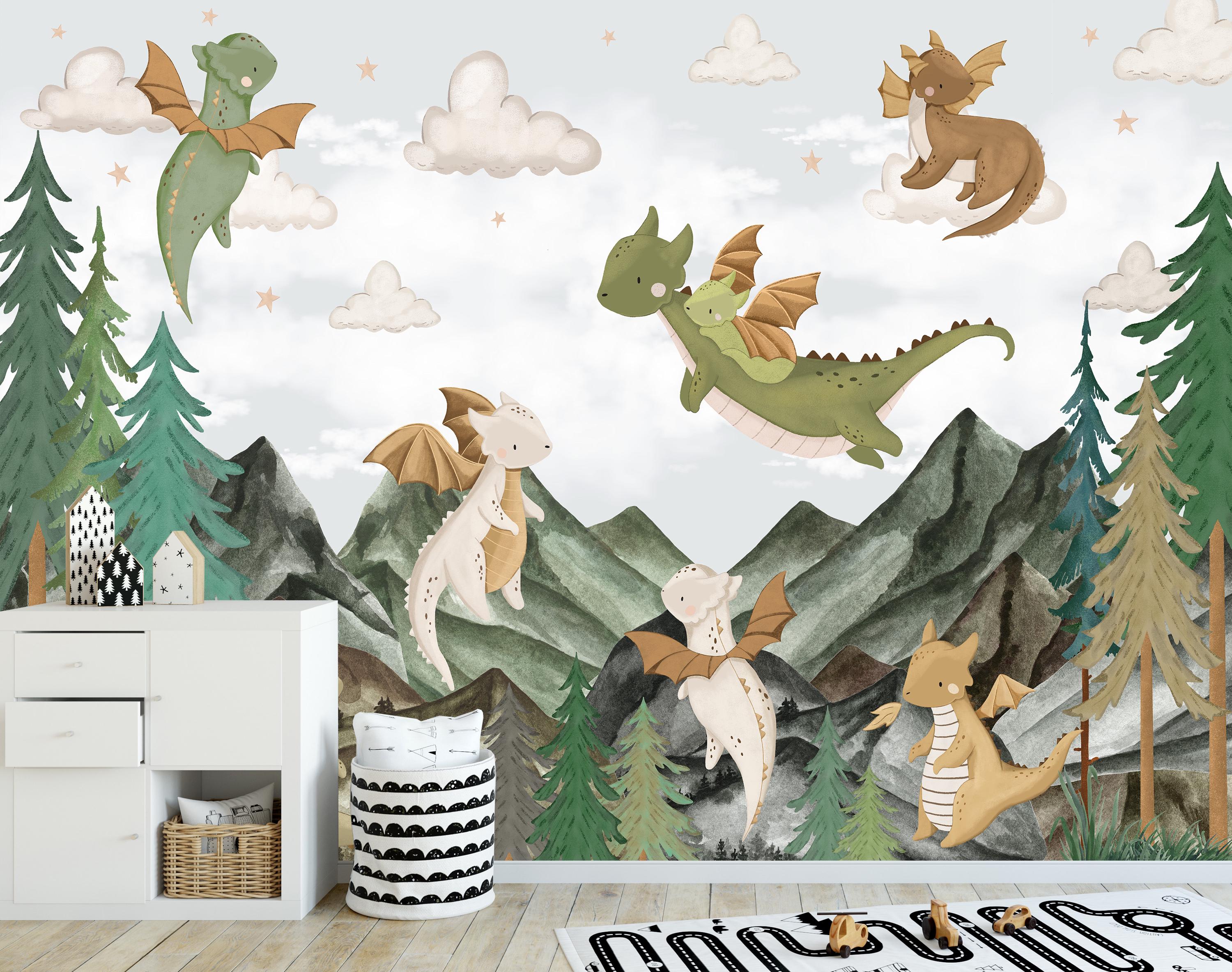 Nursery Dragon Wallpaper, Peel and Stick Dragon Wall Mural, Kids Dragon ...