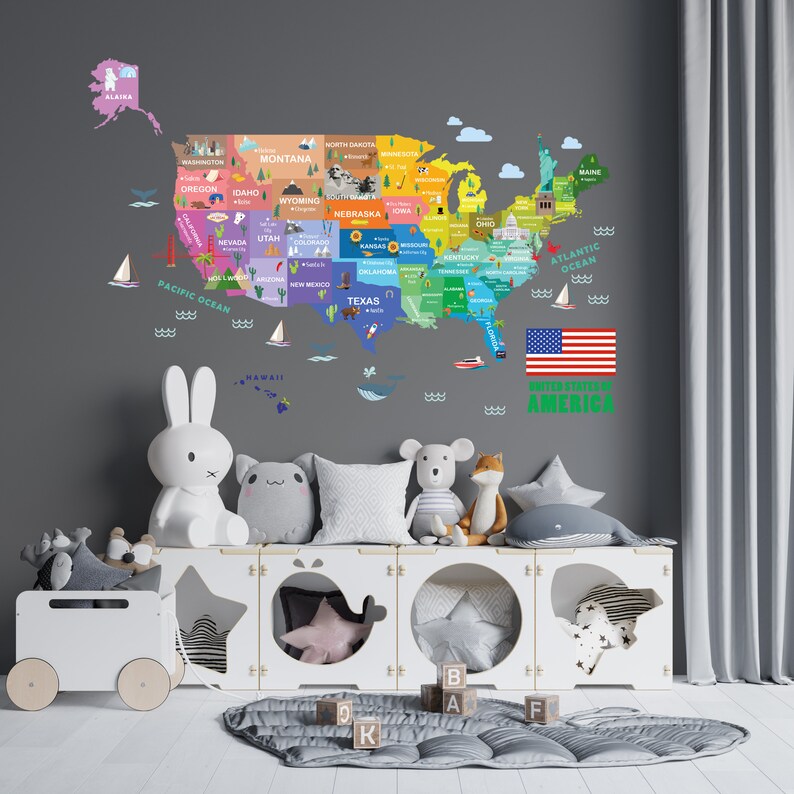 USA City Name Wall Decal, Kids Map Wall Decal, Nursery Map Wall Sticker, Travel America Map Decal, Kid Room Map Decal, Map Wall Art image 3