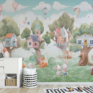 Woodland Nursery Wallpaper, Treehouse Wallpaper, Nursery Wallpaper, Kid Room Forest Wallpaper, Removable Wallpaper, Peel and Stick Wallpaper