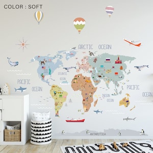 Soft World Map Decal / World Map Wall Sticker / Nursery Wall Decal / Nursery Map Decal /Kid Room Wall Sticker / Kid Room World Map Decal image 8