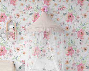 Watercolor Rose Flower Wallpaper, Removable Wallpaper, Nursery Pink Flower Wallpaper, Floral Wallpaper, Peel and Stick Wallpaper, Girls Room
