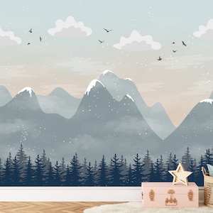 Nursery Mountain Wall Mural, Mountain Wallpaper, Forest Landscape Wallpaper, Removable Wallpaper, Peel and Stick Wallpaper, Nursery Wall Art