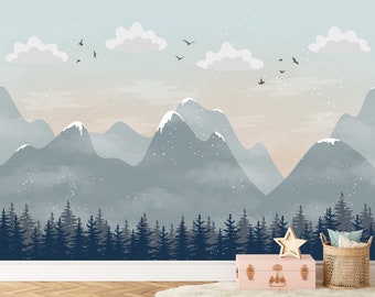 Nursery Mountain Wall Mural, Mountain Wallpaper, Forest Landscape