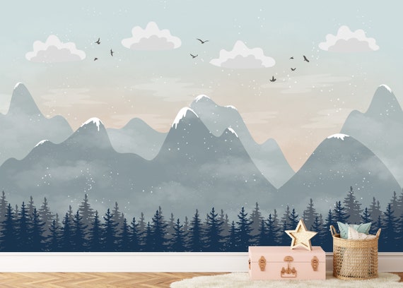 Nursery Mountain Wall Mural Mountain Wallpaper Forest - Etsy