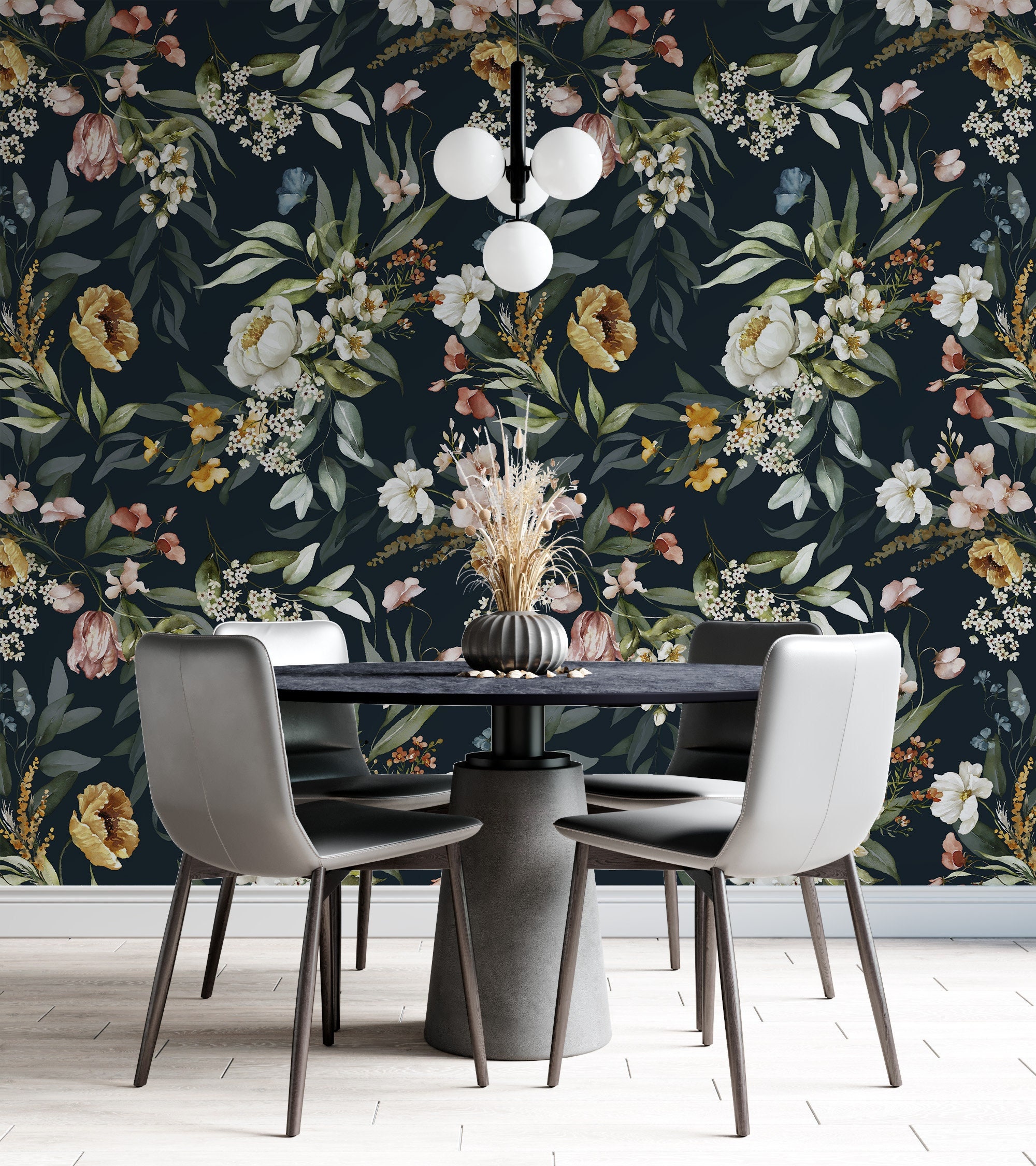 10x7 ft black floral bedroom wallpaper plant WALL MURAL botanical +FREE  ADHESIVE