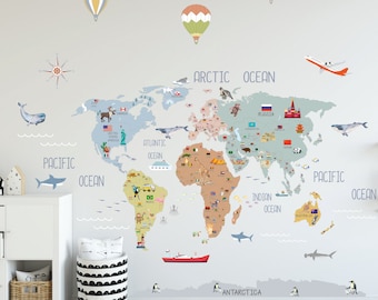 Soft World Map Decal / World Map Wall Sticker / Nursery Wall Decal / Nursery Map Decal /Kid Room Wall Sticker / Kid Room World Map Decal