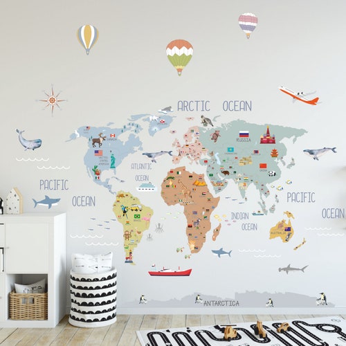 Boho World Map Decal / World Map Wall Sticker / Nursery Wall Etsy