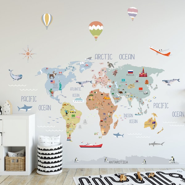 Soft World Map Decal / World Map Wall Sticker / Nursery Wall Decal / Nursery Map Decal /Kid Room Wall Sticker / Kid Room World Map Decal