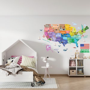 USA City Name Wall Decal, Kids Map Wall Decal, Nursery Map Wall Sticker, Travel America Map Decal, Kid Room Map Decal, Map Wall Art image 2
