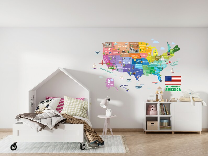 USA City Name Wall Decal, Kids Map Wall Decal, Nursery Map Wall Sticker, Travel America Map Decal, Kid Room Map Decal, Map Wall Art image 2