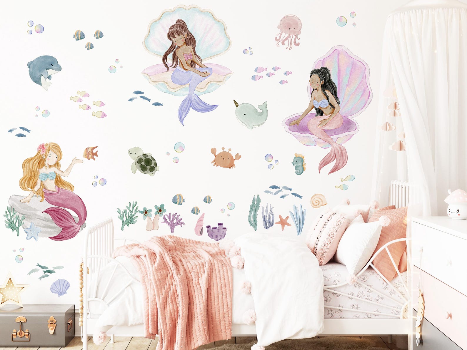 Huge Watercolor Mermaids & Ocean Animals Wall Decal Set, Mermaid Wall ...