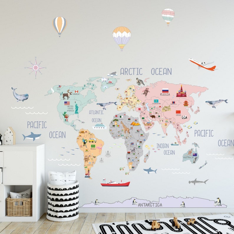 Soft World Map Decal / World Map Wall Sticker / Nursery Wall Decal / Nursery Map Decal /Kid Room Wall Sticker / Kid Room World Map Decal image 2