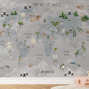 Weltkarte für Kinder, politische Weltkarte Wandbild, Tiere Weltkarte Wallpaper, Kinder Wallpaper schälen und aufkleben, Kinderzimmer Wandbild