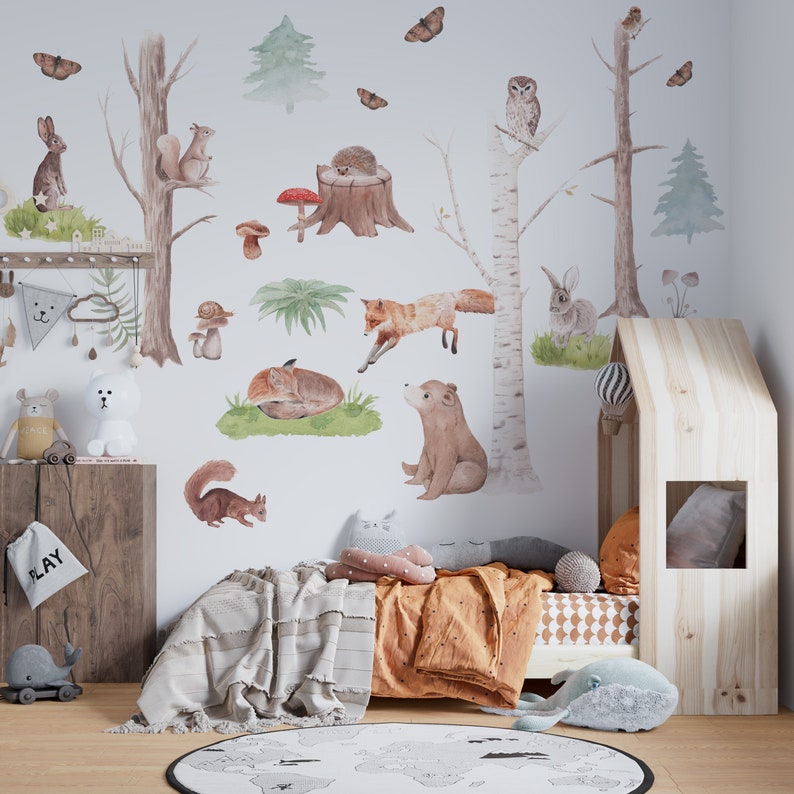 Woodland Animal and Tree Wall Decal, Nursery Forest Wall Decal, Bear ...