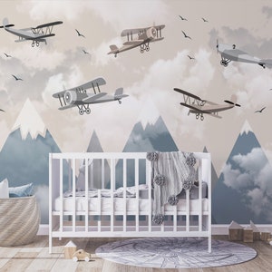 Carta da parati con aeroplani per bambini, carta da parati con cielo di montagna, carta da parati con montagne per bambini, murale con aeroplani, carta da parati rimovibile, carta da parati adesiva