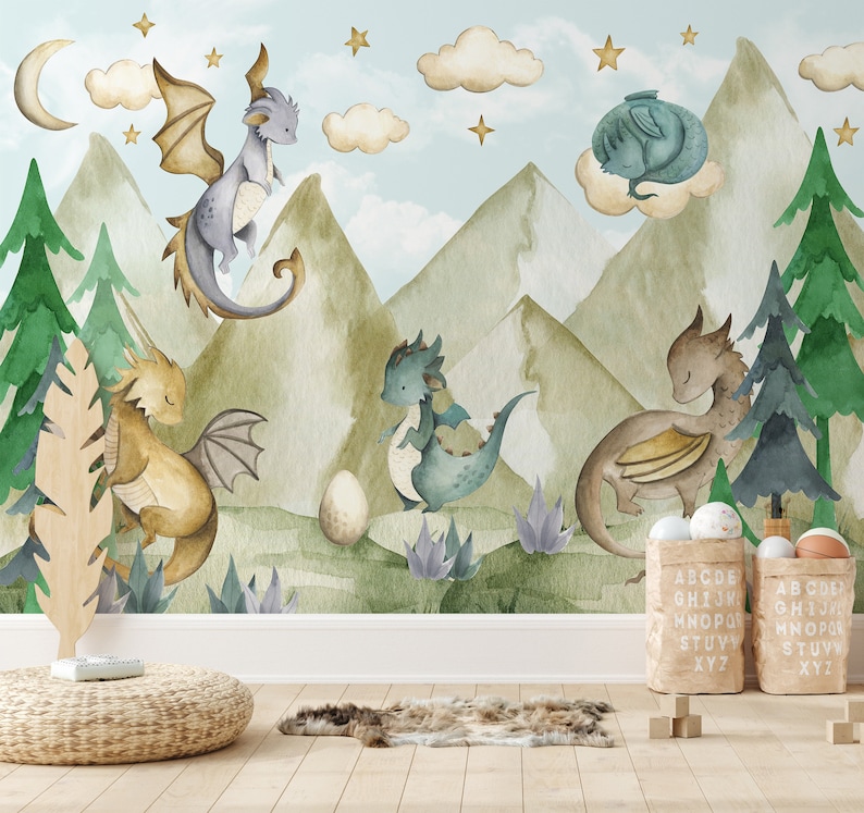 Watercolor Dragon Wallpaper, Nursery Dragon Wall Mural, Removable ...