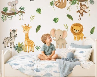 Naklejki ścienne z motywem zwierząt dżungli do pokoju dziecięcego, naklejki ścienne safari, naklejki z motywem małych zwierzątek, dekoracje akwarelowe do pokoju dziecięcego, sztuka ścienna do pokoju dziecięcego