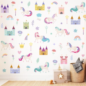Unicorn Girl&#39;s Room Wall Decal, Castle Wall Sticker, Unicorn Wall Art, Nursery Wall Decor, Peel and Stick, Flowers Wall Decal