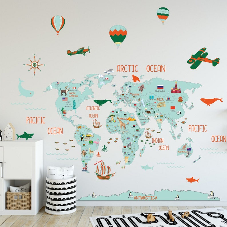 Retro World Map Wall Decal World Map Wall Sticker Nursery Etsy
