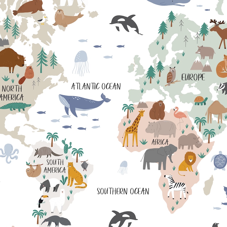Animal World Map Decal, Peel and Stick Map Decal, World Map Wall Mural, Children World Map Sticker, Nursery Wall Decal, Nursery Map Sticker image 4
