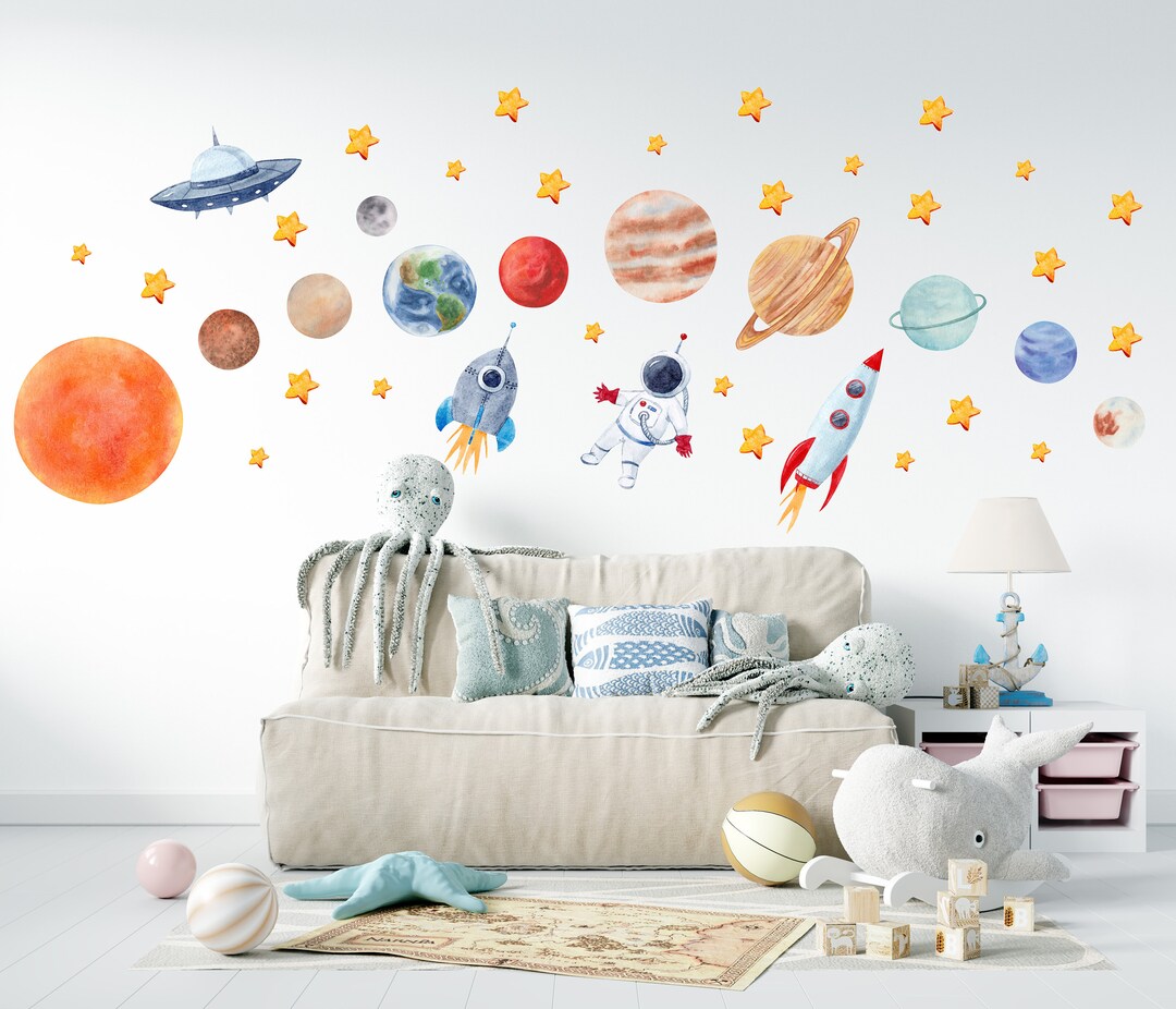 Space Themed Nursery, Space Wall Decal, Watercolor Solar System, Sun