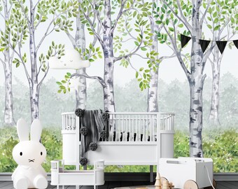 Waldbaum Tapete, abnehmbare Tapete, Aquarell Waldbaum Wandbild, Baum Tapete, Kinderzimmer Tapete, Waldlandschaft Wallpaper
