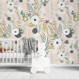 Nursery Floral Removable Wallpaper, Flower Wallpaper, Baby Girl Wall Mural, Peel and Stick Wallpaper, Minimalist Wallpapeer, Floral Wall