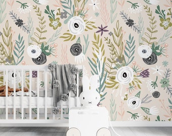 Nursery Floral Removable Wallpaper, Flower Wallpaper, Baby Girl Wall Mural, Peel and Stick Wallpaper, Minimalist Wallpapeer, Floral Wall