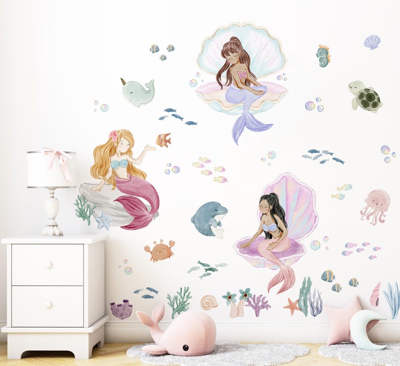 Huge Watercolor Mermaids & Ocean Animals Wall Decal Set, Mermaid Wall ...