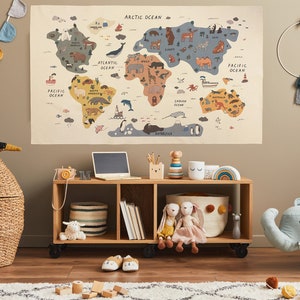 Animal World Map Tapestry - Organic Cotton Fabric Tapestry - World Map Wall Tapestry - World Map Gift - Kid Room Tapestry - World Map Gift