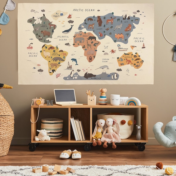 Animal World Map Tapestry - Organic Cotton Fabric Tapestry - World Map Wall Tapestry - World Map Gift - Kid Room Tapestry - World Map Gift