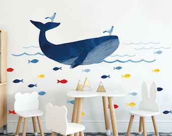 Autocollant mural blue whale, décalcomanie murale de pépinière, décalcomanie murale de la salle pour enfants, décalcomanie murale aquarelle, décalcomanie murale de la chambre des garçons, décalcomanie de la baleine