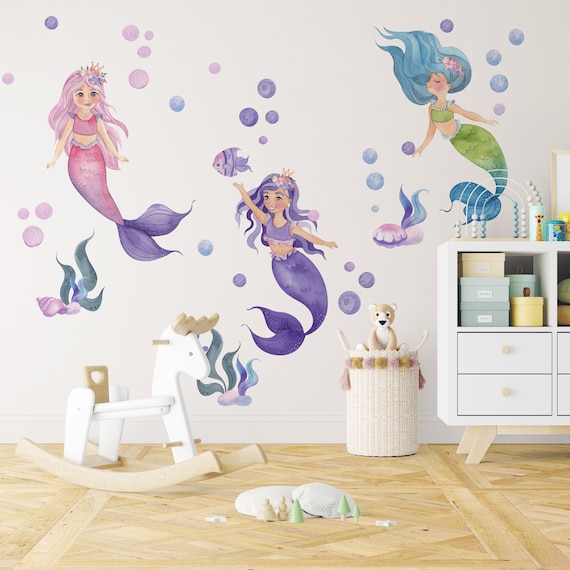 Mermaid Wall Decal, Nursery Wall Decal, Girls Room Mermaid Wall Decal, Under Marine Wall Decal, Sea Mermaid Art, Nursery Wall Sticker,