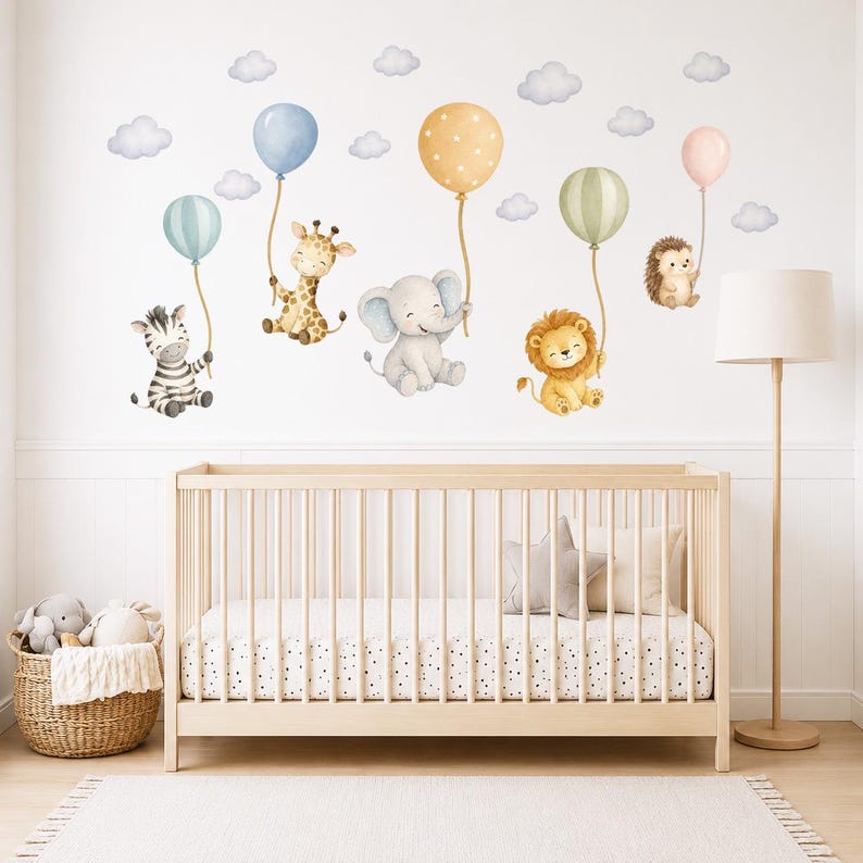 Safari Balloon Wall Decals for Nursery, Watercolour Animal Wall ...