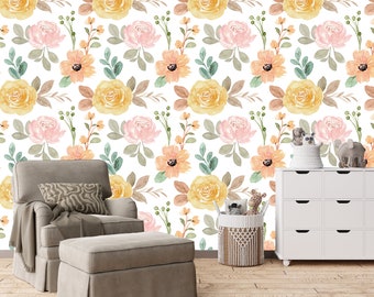 Watercolor Floral Wallpaper, Removable Floral Wallpaper, Nursery Wallpaper, Nursery Wall Mural, Peel and Stick Wallpaper, Floral Wall Art