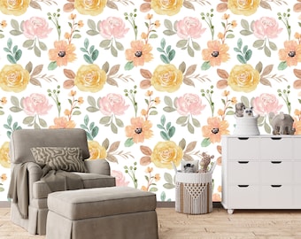 Watercolor Floral Wallpaper, Removable Floral Wallpaper, Nursery Wallpaper, Nursery Wall Mural, Peel and Stick Wallpaper, Floral Wall Art