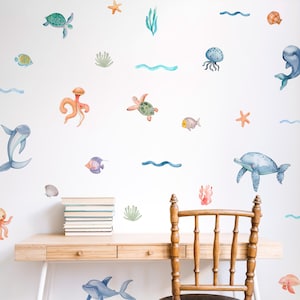 Ocean Animals Wall Decal, Sea Marine Sticker, Under the Sea Wall Sticker, Peel and Stick, Nursery Ocean Decal, Ocean Animals Wall Decor