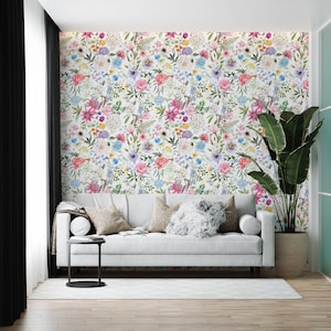 Watercolor Botanical Wallpaper, Removable Wallpaper, Peel and Stick Wallpaper, Spring Floral Wallpaper, Boho Flowers Wallpaper, Wallpaper