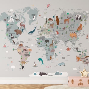 Kinderzimmer Weltkarte Wandbild, Tier Weltkarte Wallpaper, Kinderzimmer Weltkarte Wallpaper, Tapete schälen und aufkleben, Wallpaper abnehmbar