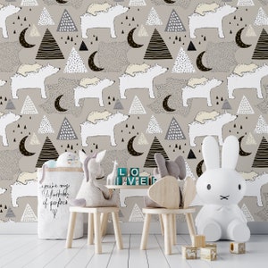 Bear Removable Wallpaper, Nursery Bear Wallpaper, Peel and Stick Wallpaper, Bear and Teddy Bear Wall Mural, Nursery Wallpaper, Nursery Mural