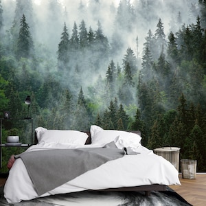Forest Wallpaper, Foggy Forest Wall Mural, Removable Wallpaper, Tree Wallpaper, Forest Scenery Wallpaper, Nature Wallpaper, Peel and Stick