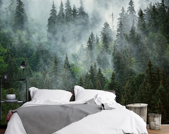 Papel de parede de floresta, mural de parede de floresta com neblina, papel de parede removível, papel de parede de árvore, papel de parede de cenário de floresta, papel de parede de natureza, descascável e adesivo