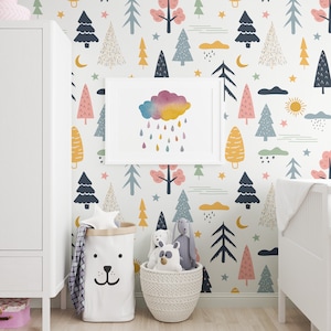 Pine Tree Nursery Removable Wallpaper, Peel and Stick Wallpaper, Rainbow Tree Wall Mural, Kid Room Wallpaper, Forest Wallpaper, Wall Art
