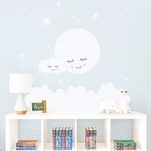 Sleeping Moon and Cloud Wall Decal, Nursery Moon Wall Decal, Kid Room Wall Decal, Cloud Wall Sticker, Nursery Wall Decal