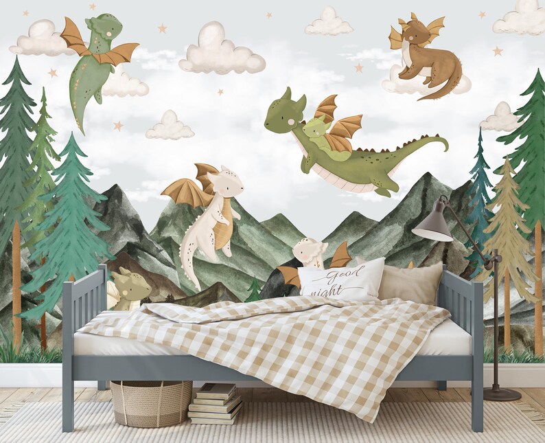 Nursery Dragon Wallpaper, Peel and Stick Dragon Wall Mural, Kids Dragon ...