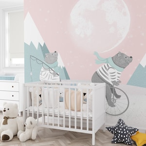 Bär und Mond Tapete, Kinderzimmer Tapete, Kinder Tapete, Tier Tapete, Kinderzimmer Tapete, Wandbild, schälen und aufkleben, abnehmbar